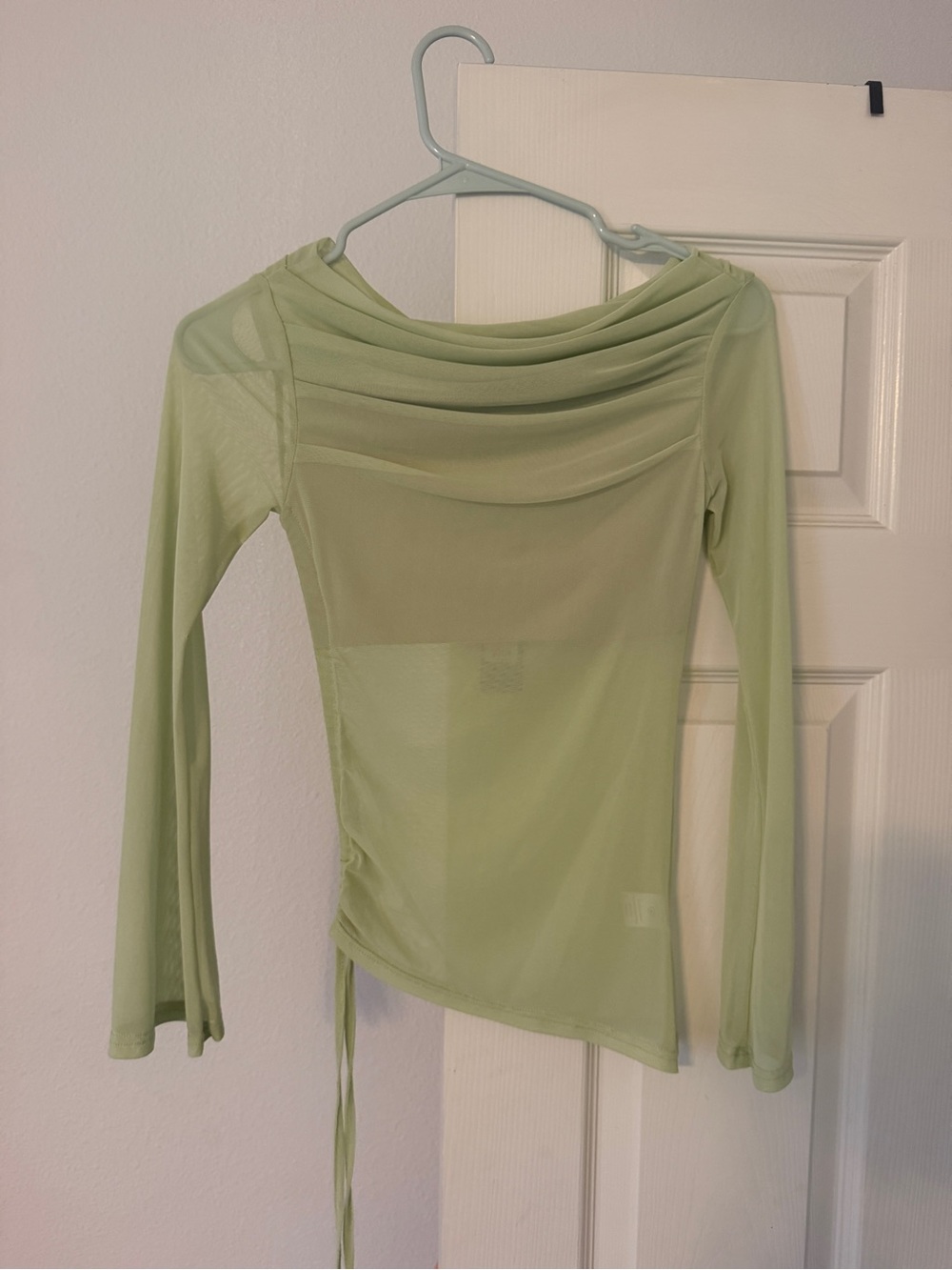 Light Green Sheer Draped Long-Sleeve Top